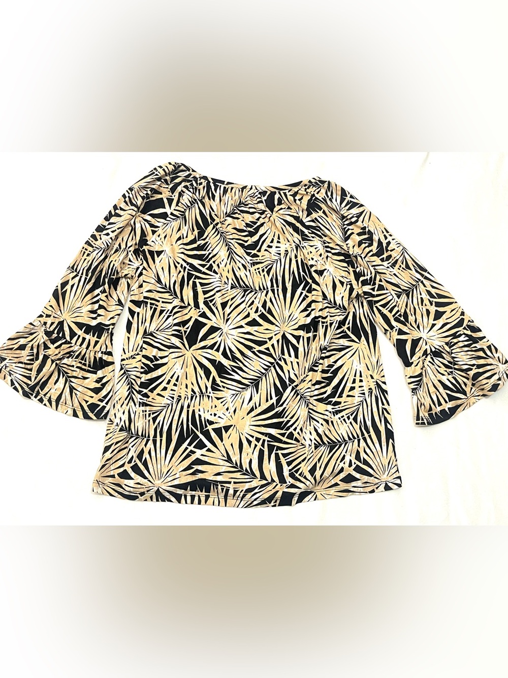 Michael Kors Women's Black and Tan Fall Palm-Leaf Print Bell-Sleeve Top Large - Picture 13 of 16